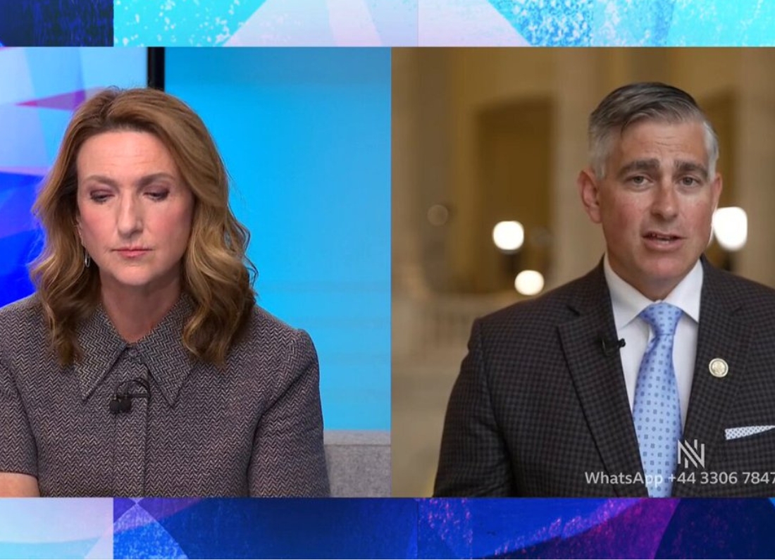Split-screen BBC Newsnight interview showing a presenter on the left and a US congressman speaking remotely on the right.