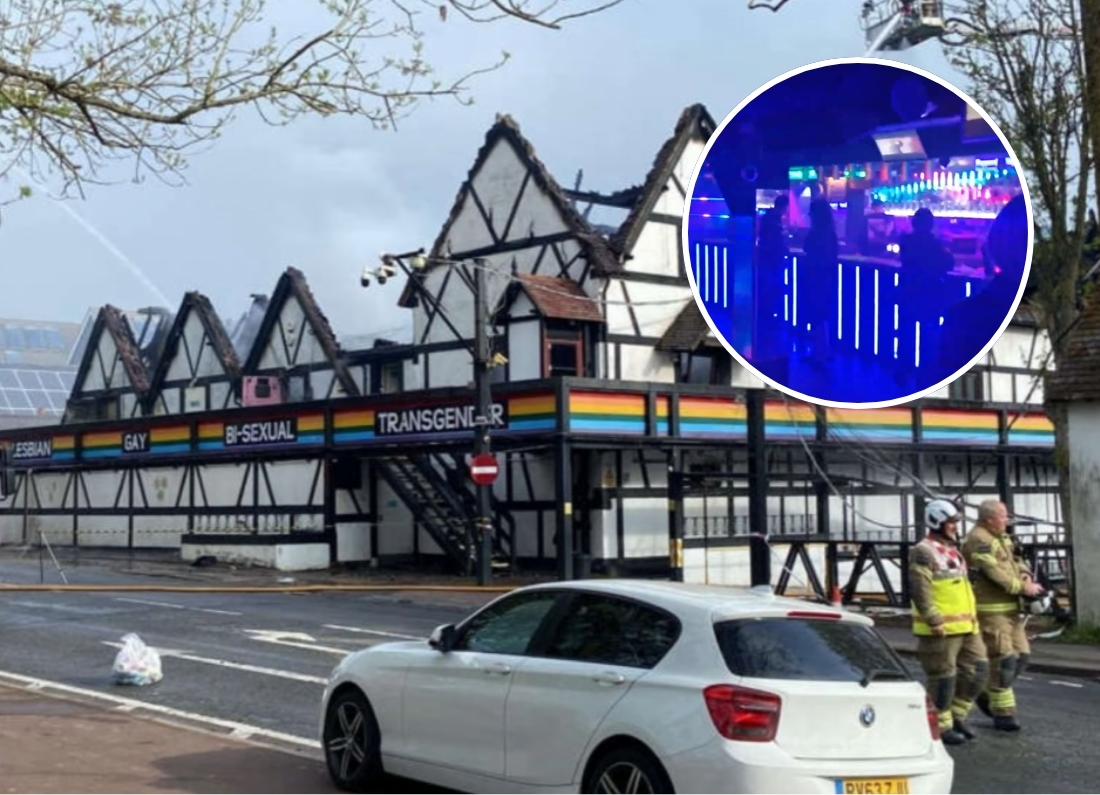 Exterior of Pink Punters nightclub near Milton Keynes with emergency responders outside and a car parked nearby.