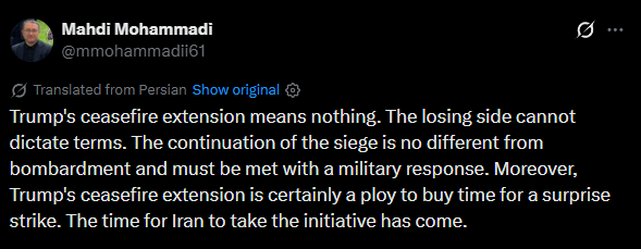 Screenshot of a translated social media post by Mahdi Mohammadi criticising Trump’s ceasefire extension proposal and calling for Iran to take the initiative.