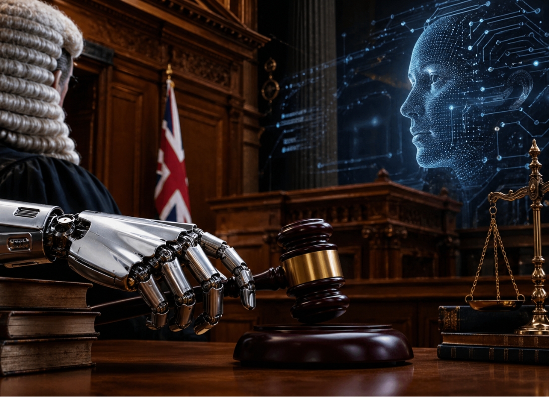 A robotic hand holding a judge’s gavel in a British courtroom, with a digital AI face projected in the background.