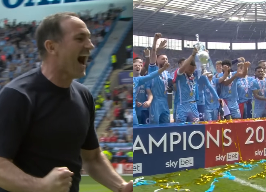 Split image showing Frank Lampard celebrating on the touchline and Coventry City players lifting a trophy.