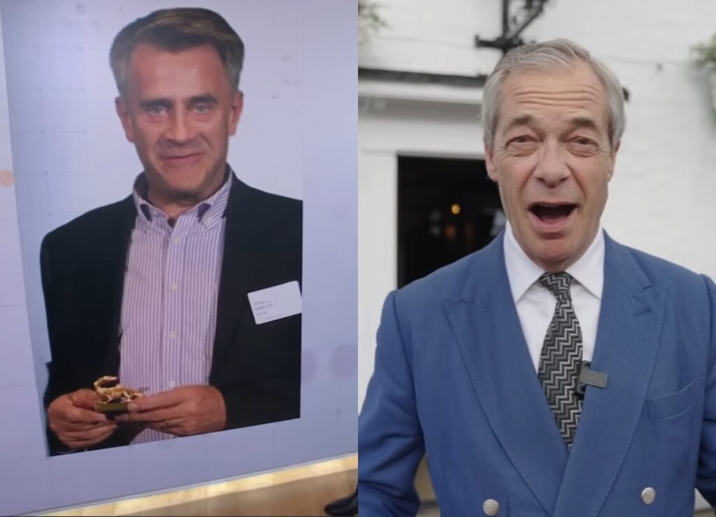 Split image showing businessman Christopher Harborne holding an award and Nigel Farage speaking outdoors in a blue suit.