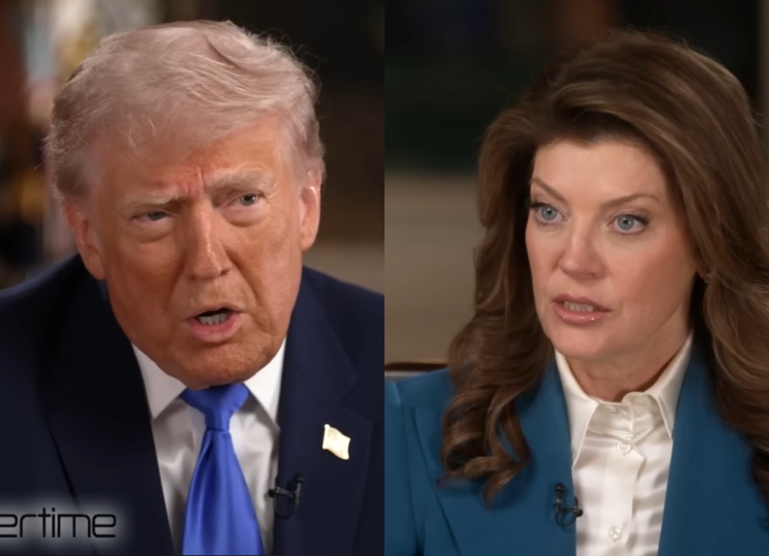 Split image showing Donald Trump speaking during an interview and journalist Norah O’Donnell listening during the same exchange.
