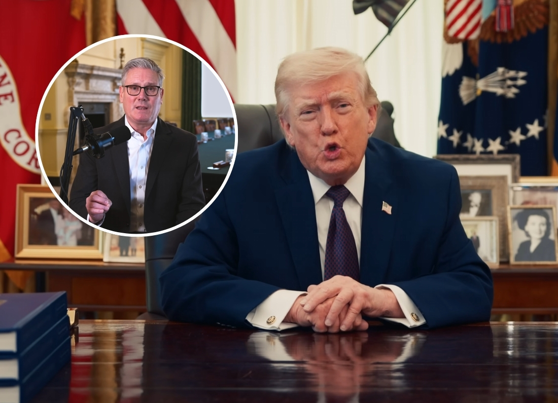 A composite image showing Donald Trump in the foreground and Keir Starmer in a circular inset. Donald Trump is seated at a desk in an office setting, wearing a navy suit and patterned tie, with his hands clasped and a focused expression. In the upper left, a circular inset features Keir Starmer wearing a dark suit and glasses, speaking into a microphone in what appears to be a formal room with a fireplace and conference table in the background.