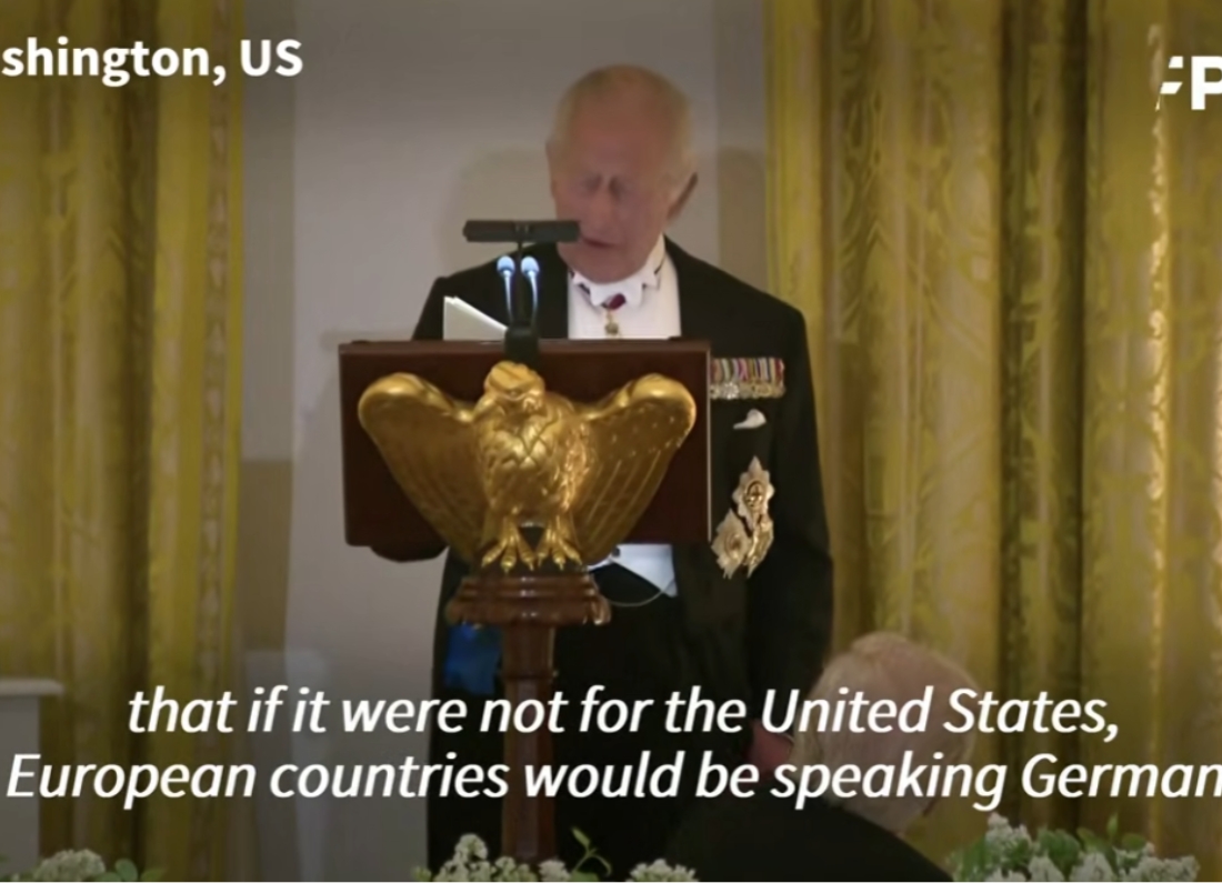 King Charles III reads from a lectern during a formal speech at a state event in Washington, US.
