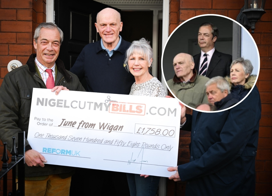 Nigel Farage presenting an oversized cheque for £1,758 to a couple on their doorstep for the "NigelCutMyBills.com" Reform UK campaign.