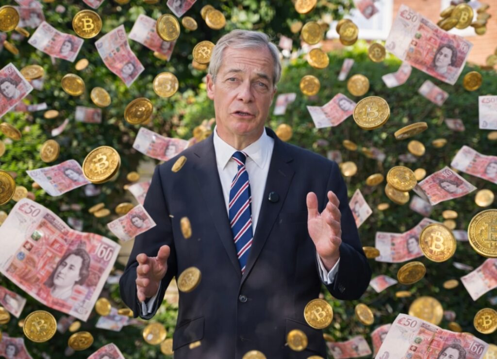 Nigel Farage giving an animated speech with his hands raised, framed against a large Bitcoin logo graphic in the background during a Reform UK campaign event.