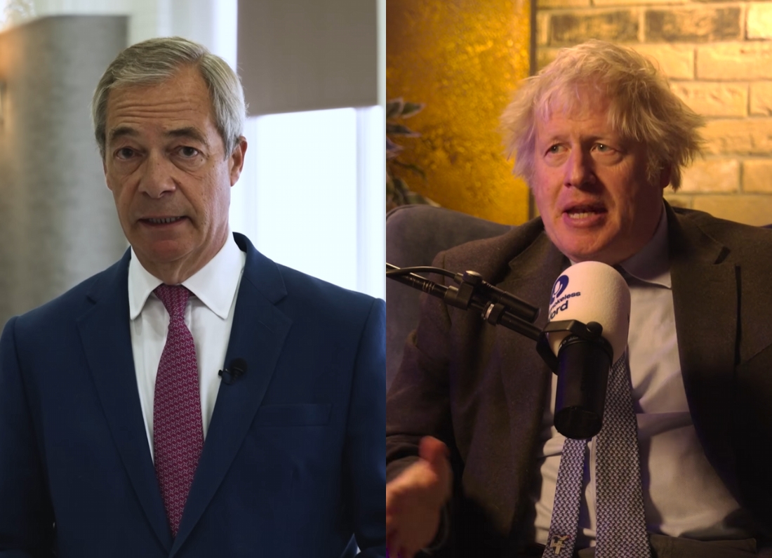 A side-by-side composite of Nigel Farage in a formal blue suit and Boris Johnson speaking into a "Brakeless Radio" microphone in a dimly lit studio.