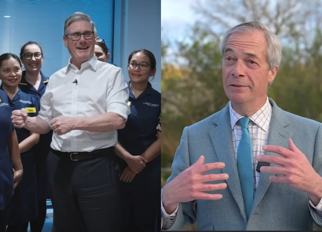 Split image showing Keir Starmer with healthcare workers and Nigel Farage speaking outdoors during an interview.
