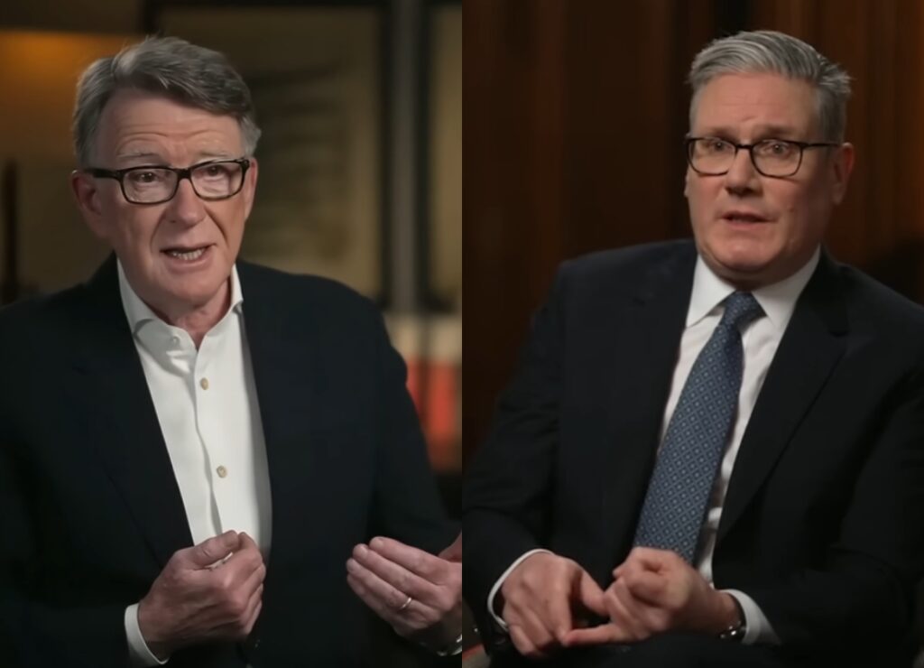 Peter Mandelson and Keir Starmer speaking during separate interview settings.