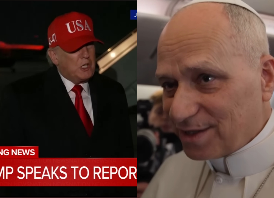 Donald Trump speaking to reporters wearing a red “USA” cap alongside Pope Leo speaking to the press in white papal attire.