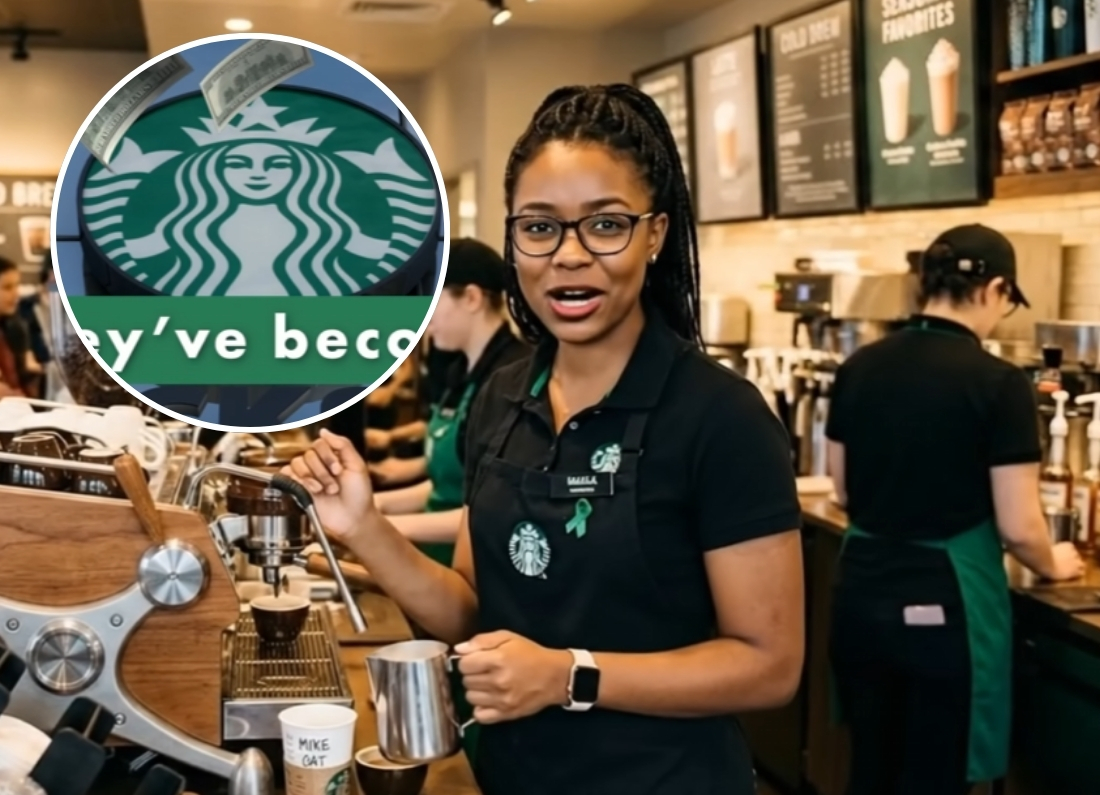 A Starbucks barista with glasses and a green ribbon pinned to her apron, making coffee, with a circular inset graphic showing the Starbucks logo being showered with money and the text "They've become."