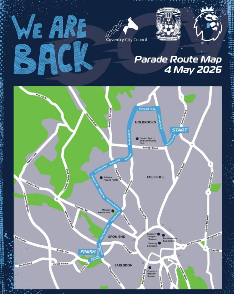 Coventry City promotion parade route map for 4 May 2026 showing the open-top bus route from Holbrooks to the city centre.