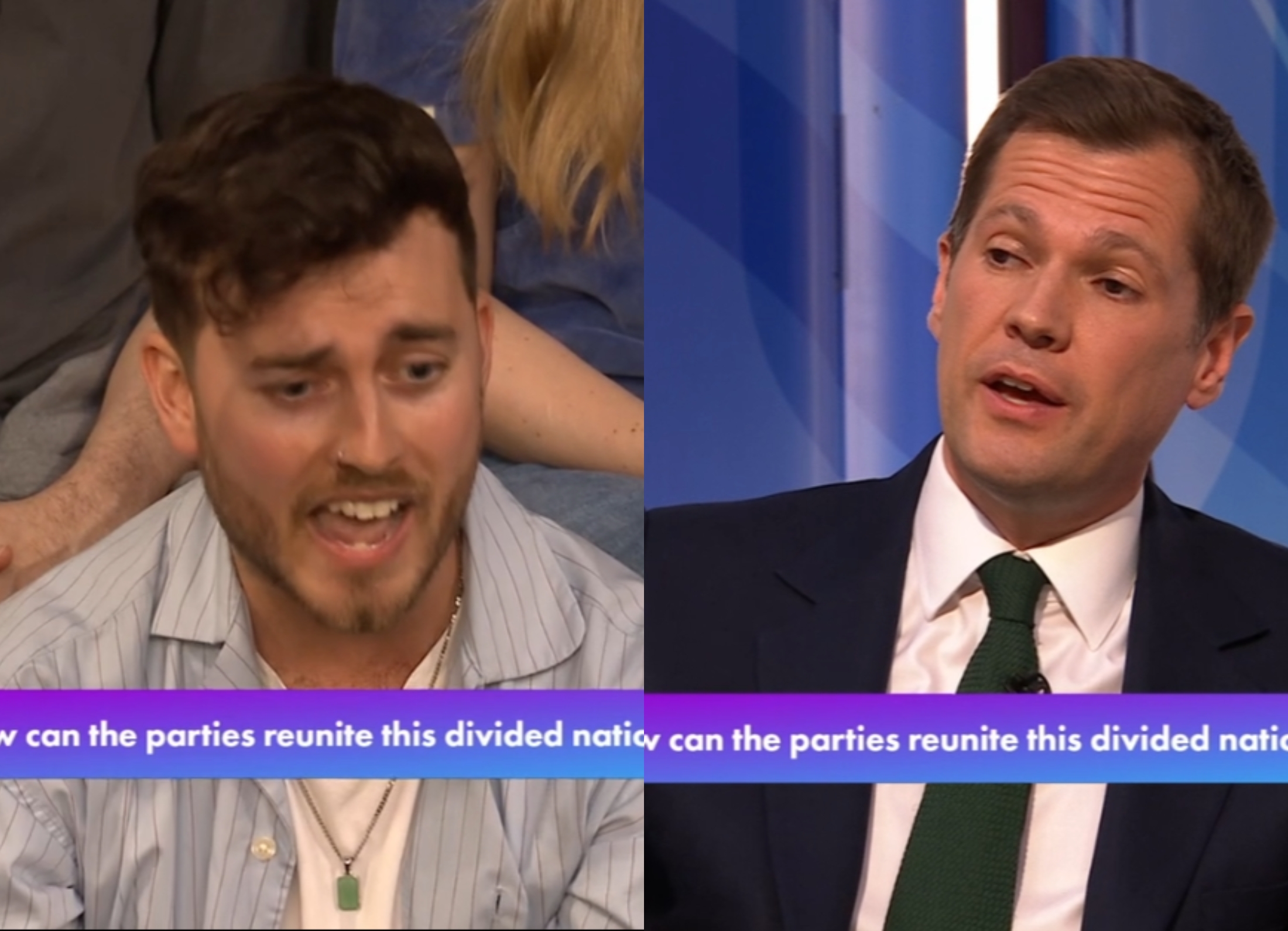 A BBC Question Time audience member challenges Reform UK MP Robert Jenrick during a heated political debate.