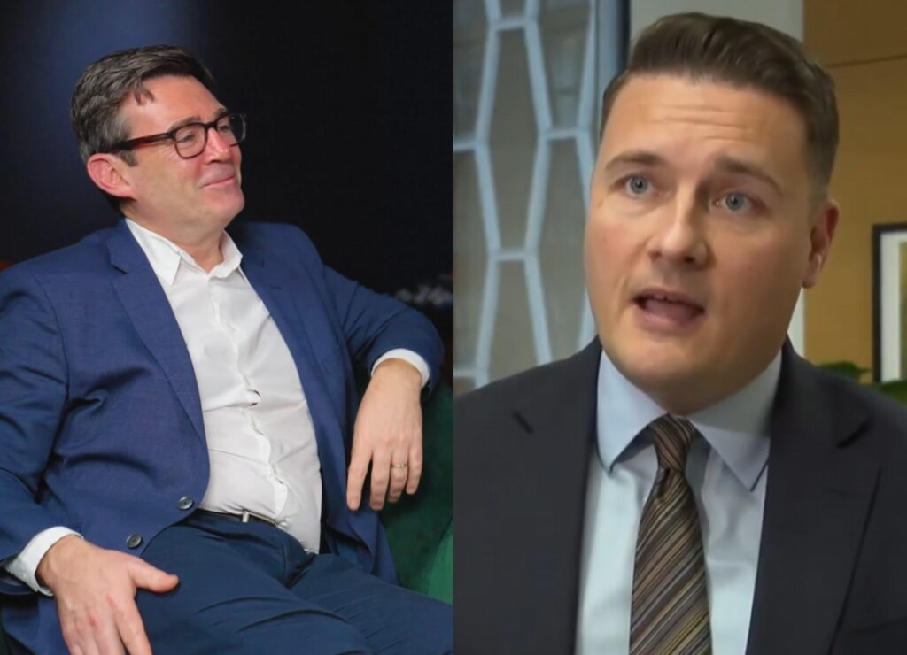 Split image showing Andy Burnham in an interview setting and Wes Streeting speaking in a separate clip.