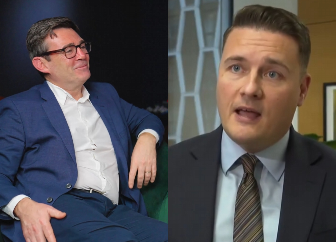 Split image showing Andy Burnham in an interview setting and Wes Streeting speaking in a separate clip.