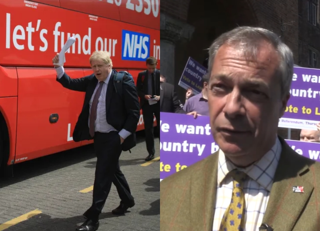 Boris Johnson stands beside the Brexit campaign bus while Nigel Farage speaks in front of pro-Brexit posters.