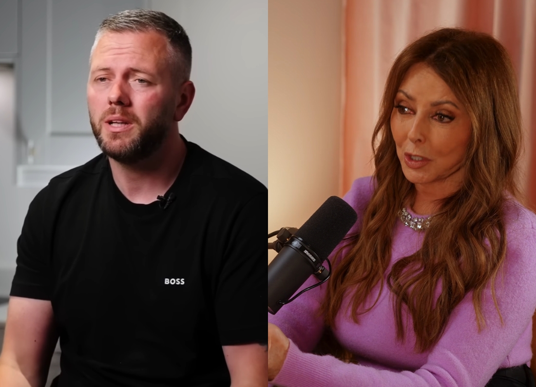 Split-screen image showing Reform UK Makerfield candidate Robert Kenyon during an interview beside broadcaster Carol Vorderman speaking into a podcast microphone.