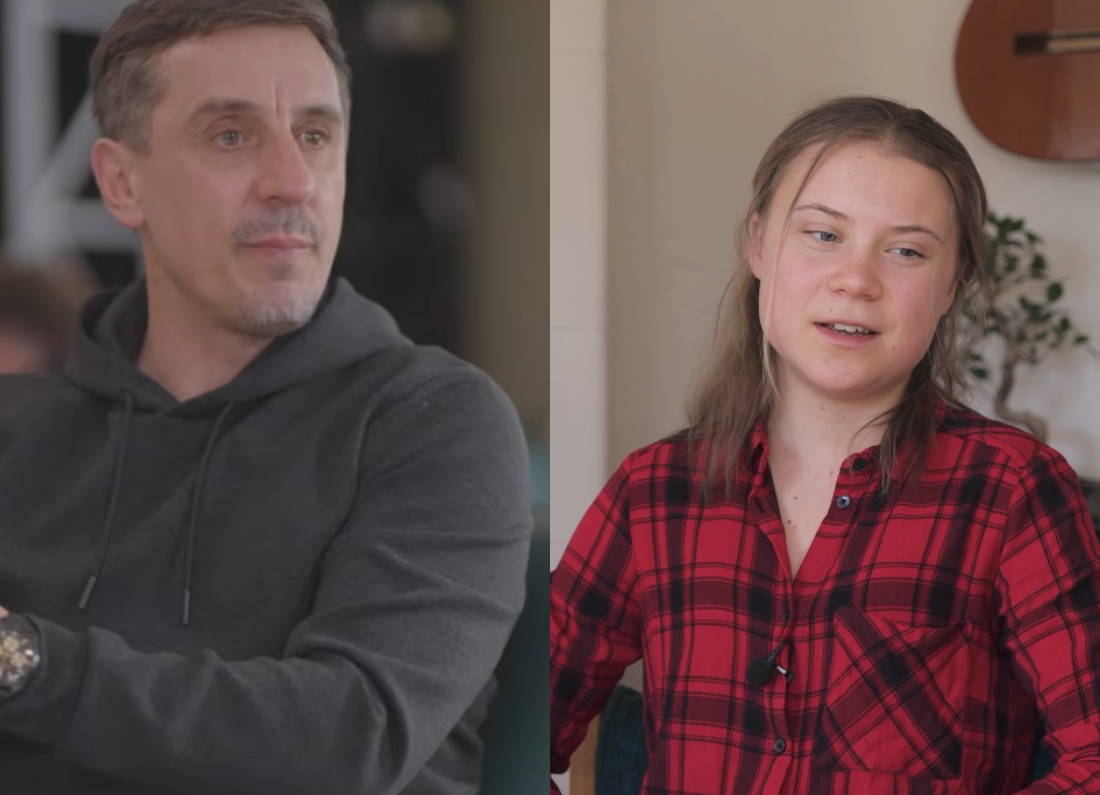 Split-screen image showing football pundit Gary Neville and climate activist Greta Thunberg during separate public appearances.