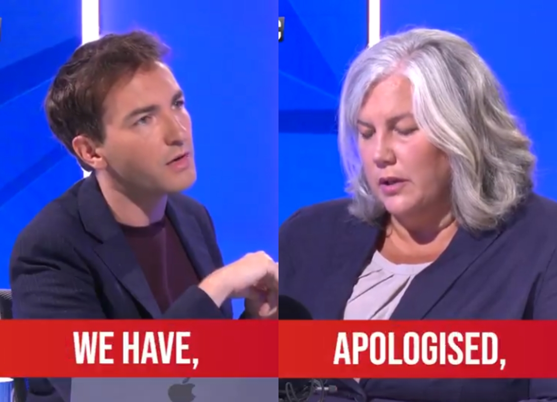 Lewis Goodall questions Transport Secretary Heidi Alexander during a TV interview.
