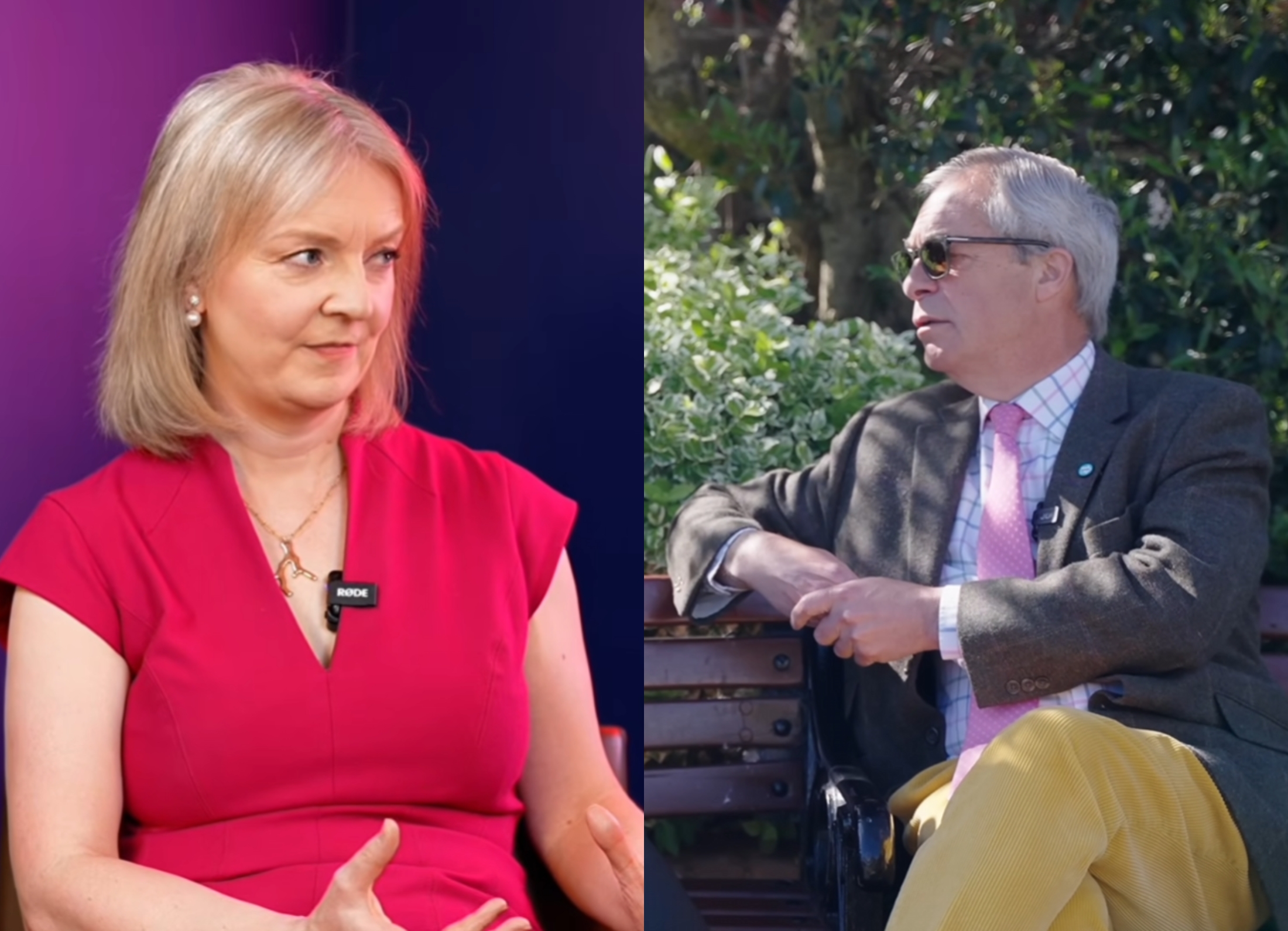 Liz Truss speaks during an interview while Nigel Farage sits on a bench outdoors.