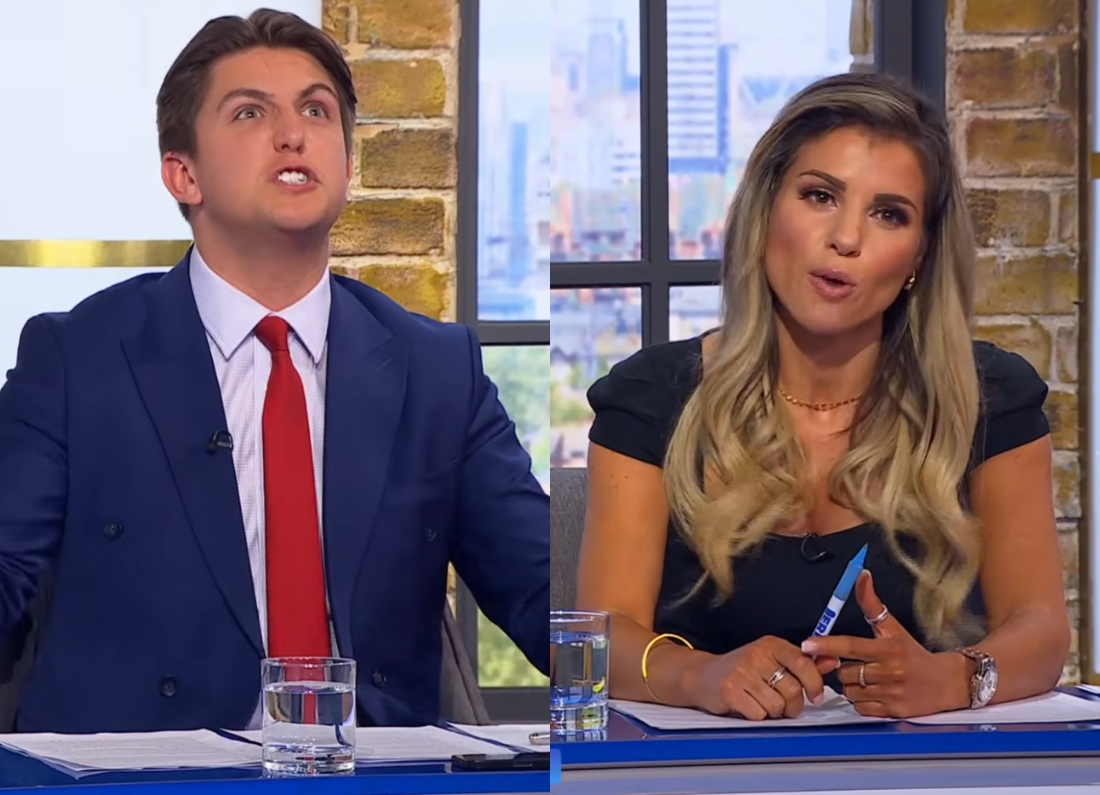 Split-screen image showing political commentators George Finch and Marina Purkiss during a television debate. Finch gestures animatedly while speaking, while Purkiss listens and responds from the opposite side of the studio desk.