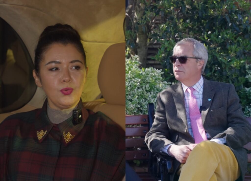 Laure Ferrari sits inside a vehicle while Nigel Farage is pictured outdoors on a bench.