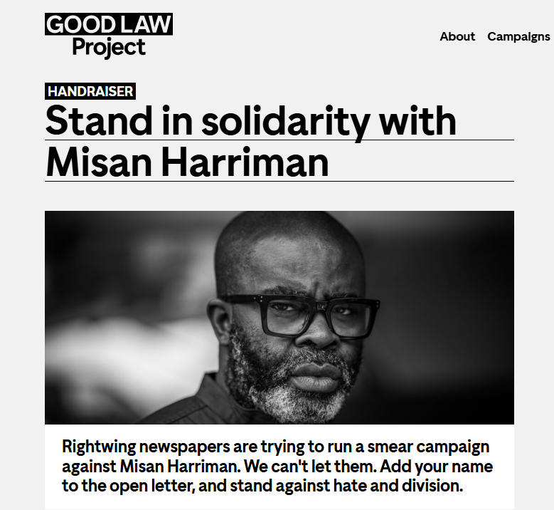 Screenshot of a Good Law Project webpage calling on supporters to “Stand in solidarity with Misan Harriman”.