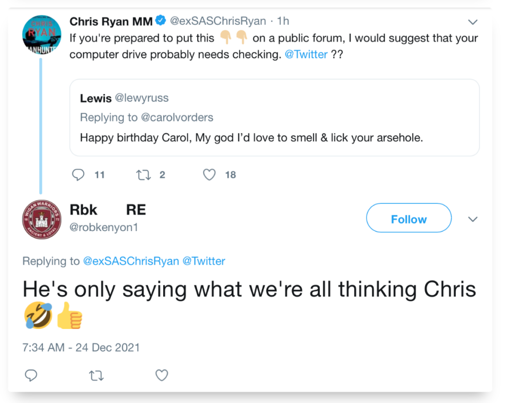 Screenshot of old Twitter posts showing a user identified as “Rbk RE” replying to former SAS soldier Chris Ryan beneath a screenshot of an explicit comment directed at Carol Vorderman. The reply says: “He’s only saying what we’re all thinking Chris” followed by laughing emojis.