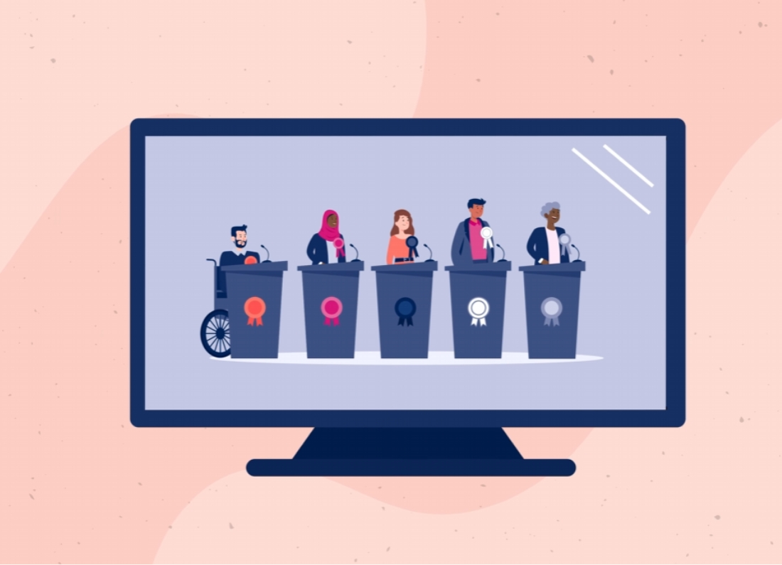 Illustration of political candidates standing at podiums on a television screen during an election debate.