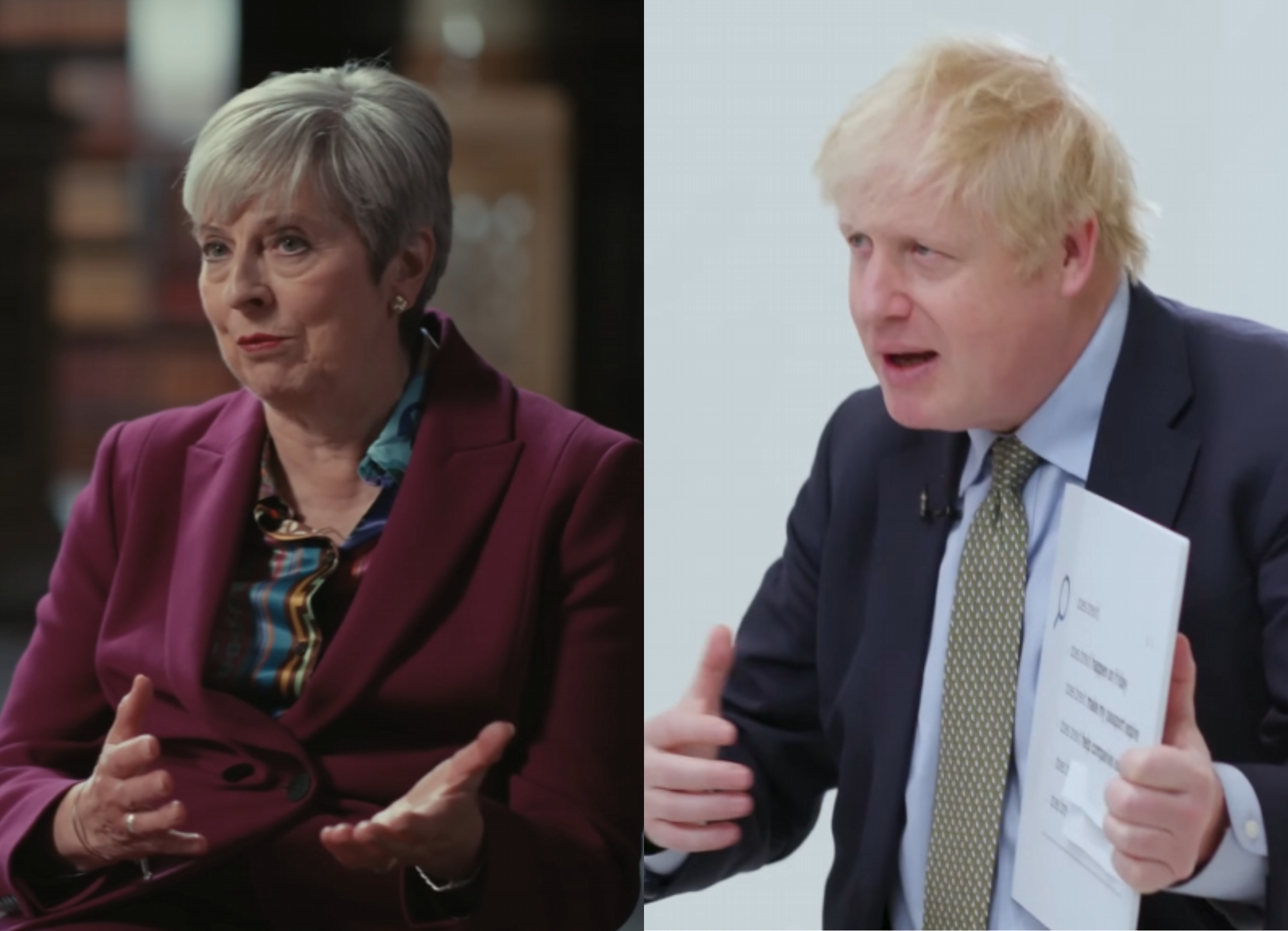 Former Conservative prime ministers Theresa May and Boris Johnson appear in separate interview settings.