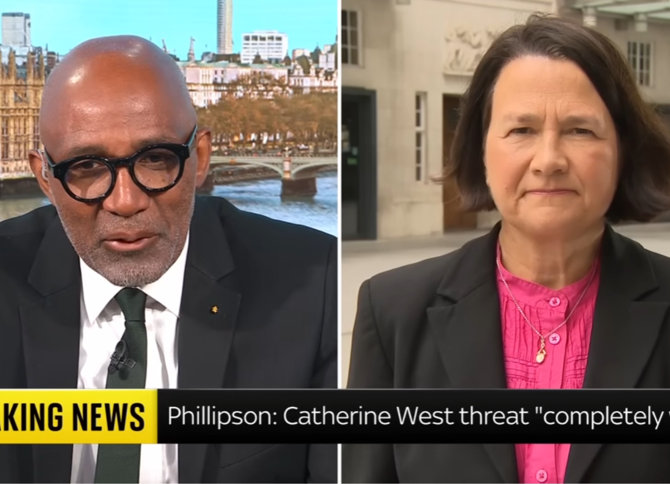 Sky News presenter Trevor Phillips interviews Labour MP Catherine West in a split-screen televised political discussion.