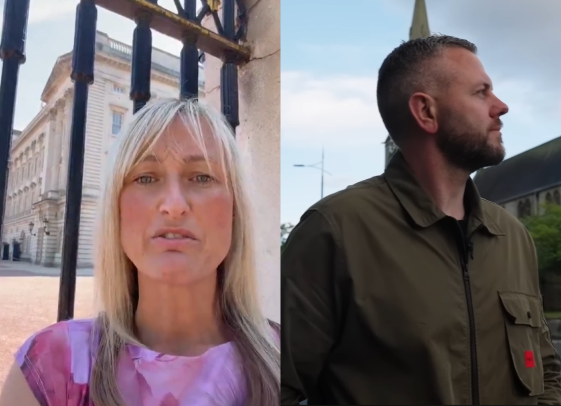 Split-screen image showing a blonde woman speaking outside Buckingham Palace beside Reform UK candidate Robert Kenyon standing outdoors in a green jacket.