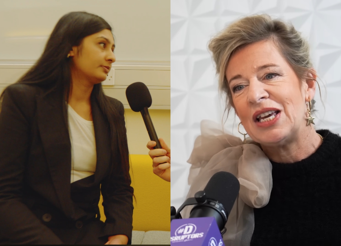 Split-screen image showing Your Party MP Zarah Sultana during an interview and media personality Katie Hopkins speaking into a podcast microphone.