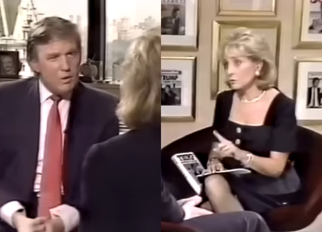 A split-screen still from a 1990 ABC 20/20 interview showing Donald Trump speaking opposite Barbara Walters during a televised sit-down interview.
