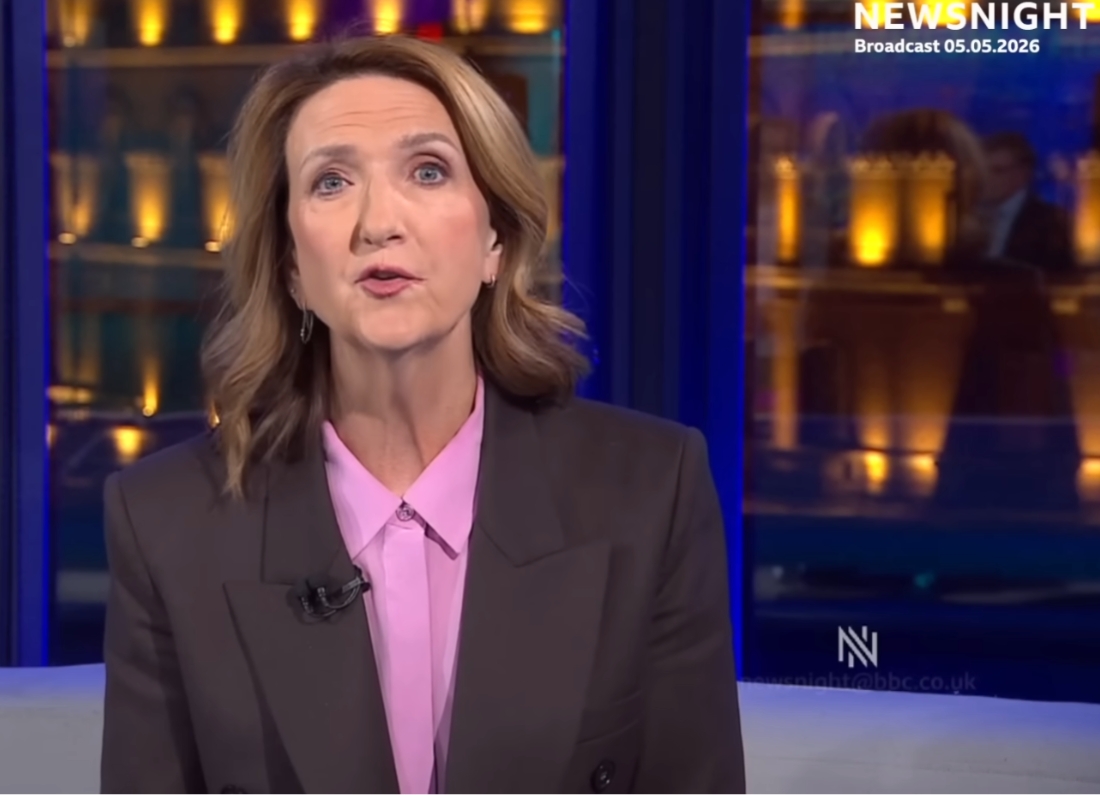 Victoria Derbyshire presents a Newsnight segment in a BBC studio.