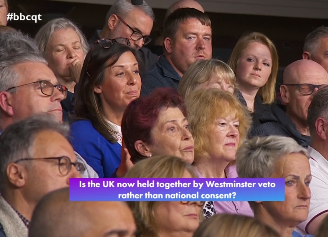 Audience members seated during a BBC Question Time broadcast as an on-screen graphic asks: “Is the UK now held together by Westminster veto rather than national consent?”