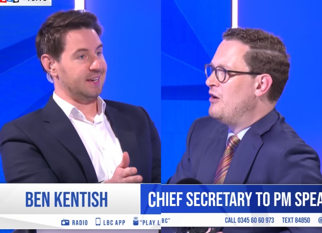 Split-screen image of broadcaster Ben Kentish and Labour minister Darren Jones speaking during a live LBC radio discussion.