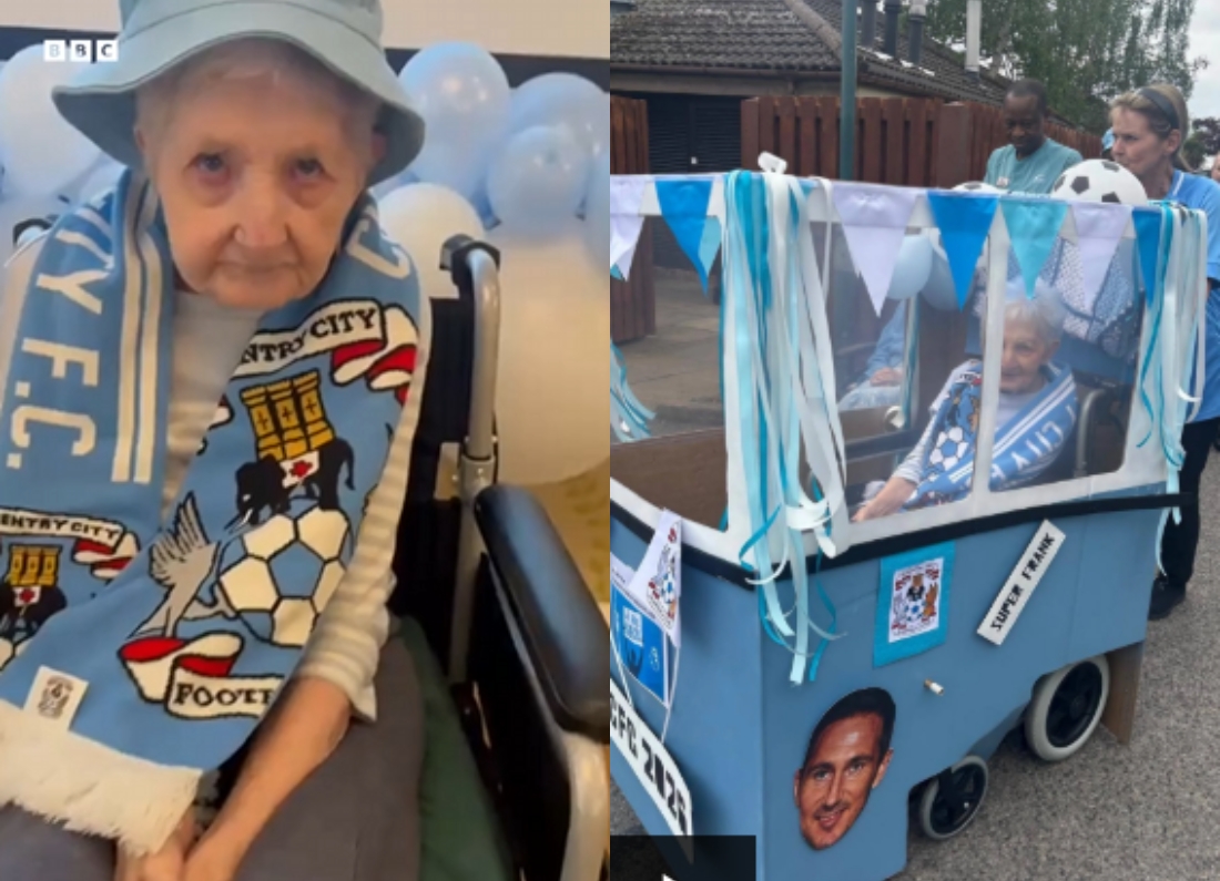 A 93-year-old Coventry City supporter wears Sky Blues colours and rides in a decorated mobility scooter parade float.