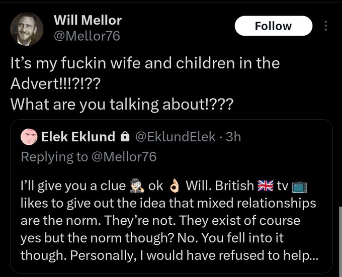 Screenshot of an exchange on X in which actor Will Mellor angrily responds to a user criticising a holiday advert featuring his mixed-race family.