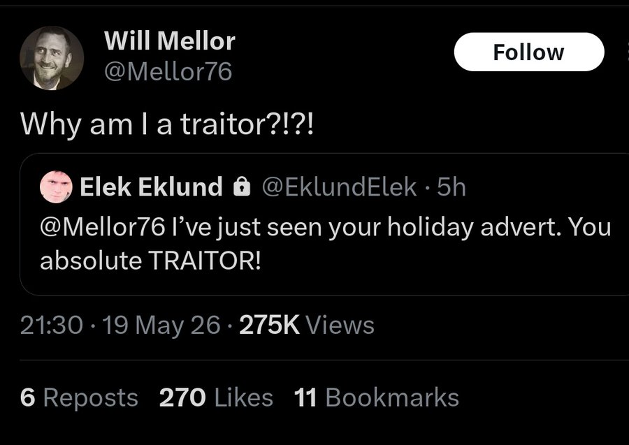 Screenshot of a post on X by actor Will Mellor asking “Why am I a traitor?!?!” after another user called him a “TRAITOR” over a holiday advert.