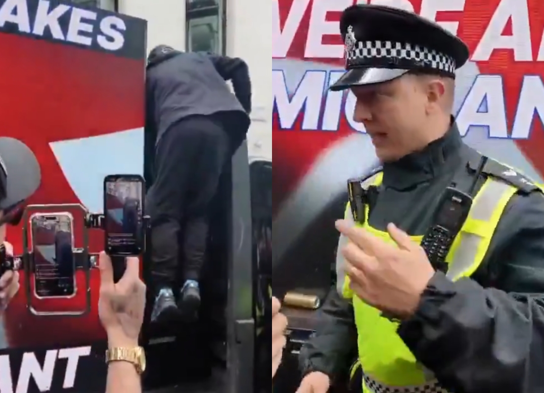 Split-screen image showing a man climbing onto a screen during Tommy Robinson’s Unite the Kingdom march while a police officer speaks to people nearby following the disturbance.