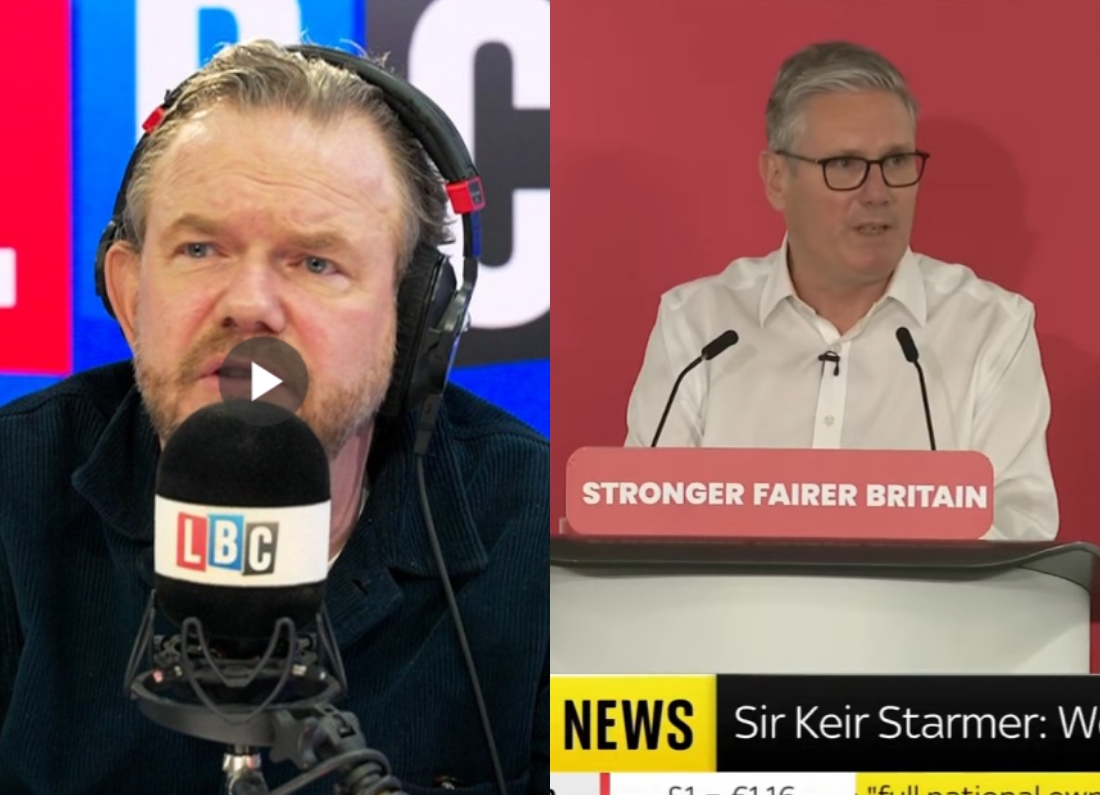 Split-screen image showing LBC presenter James O’Brien in a radio studio alongside Prime Minister Keir Starmer delivering a speech at a Labour podium.