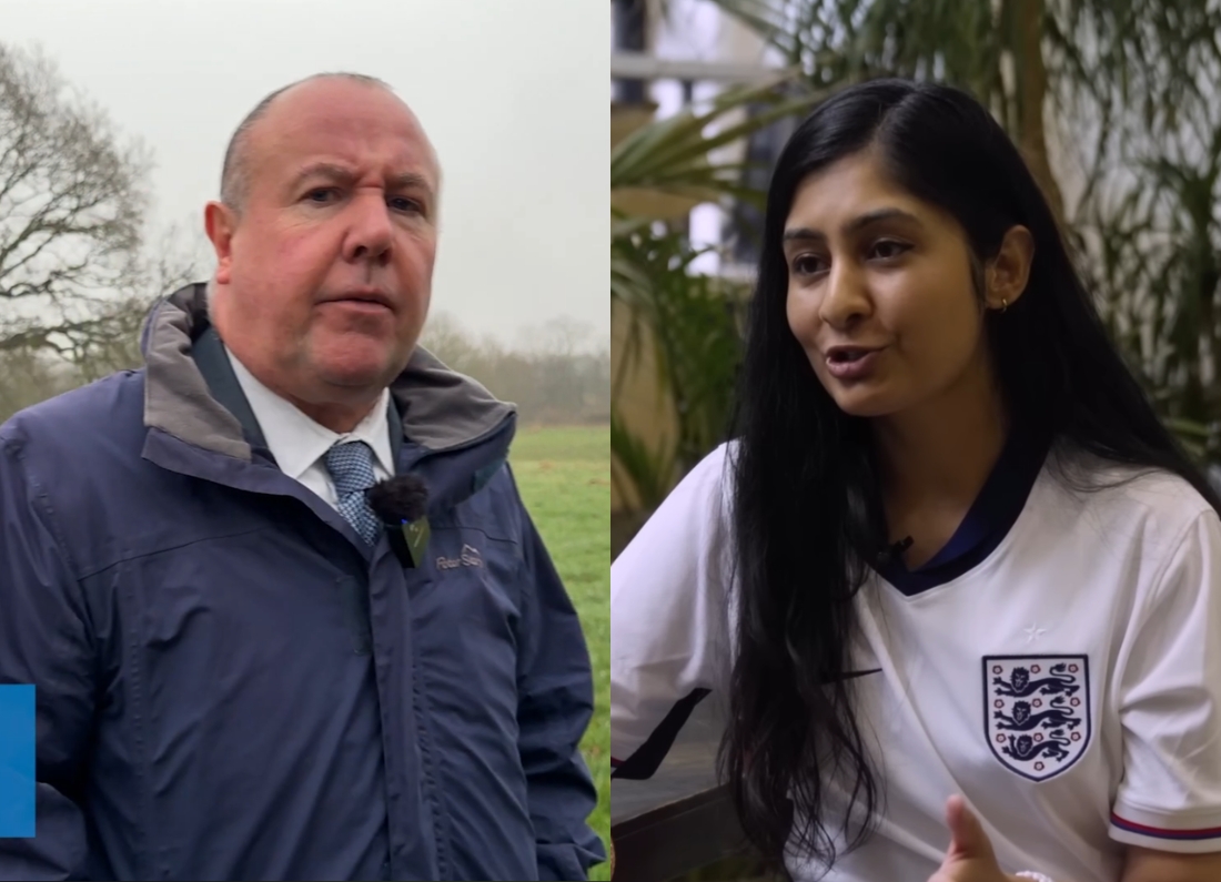 Split-screen image showing Coventry councillor Jim O’Boyle outdoors and MP Zarah Sultana during an interview.