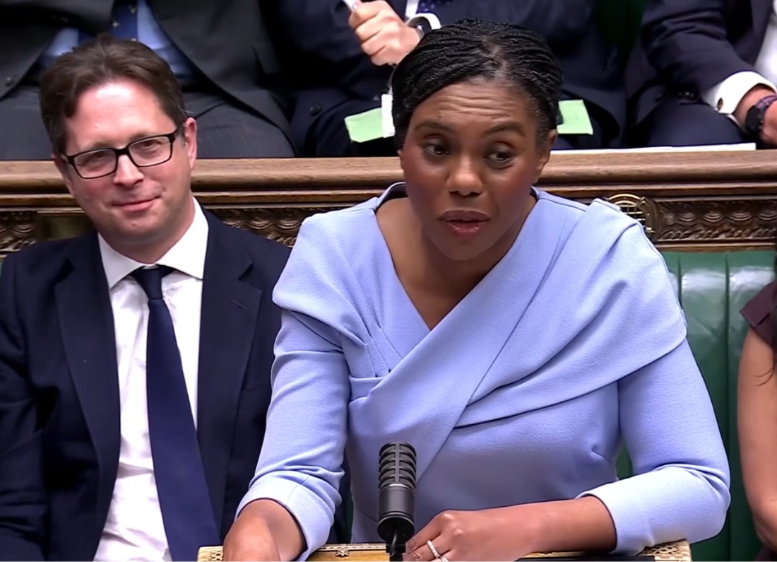 Conservative leader Kemi Badenoch speaks at the House of Commons despatch box during a parliamentary debate.