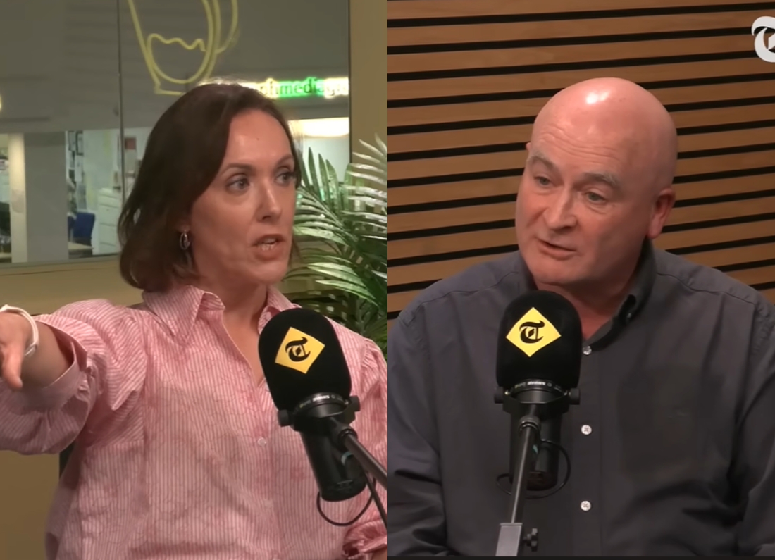Split-screen image of journalist Camilla Tominey and trade union leader Mick Lynch speaking into microphones during a Telegraph podcast interview.