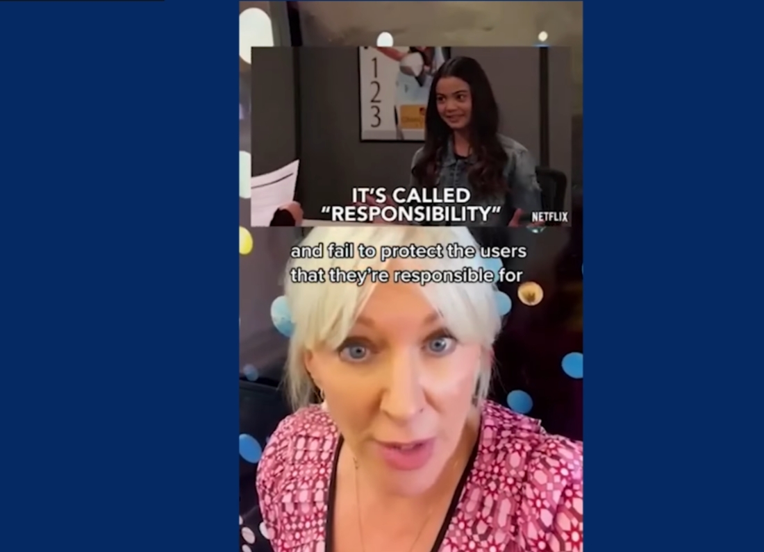 A split-screen social media video featuring former Conservative minister Nadine Dorries speaking to camera beneath a Netflix meme clip referencing “responsibility”, alongside subtitles discussing user protection and the Online Safety Act.