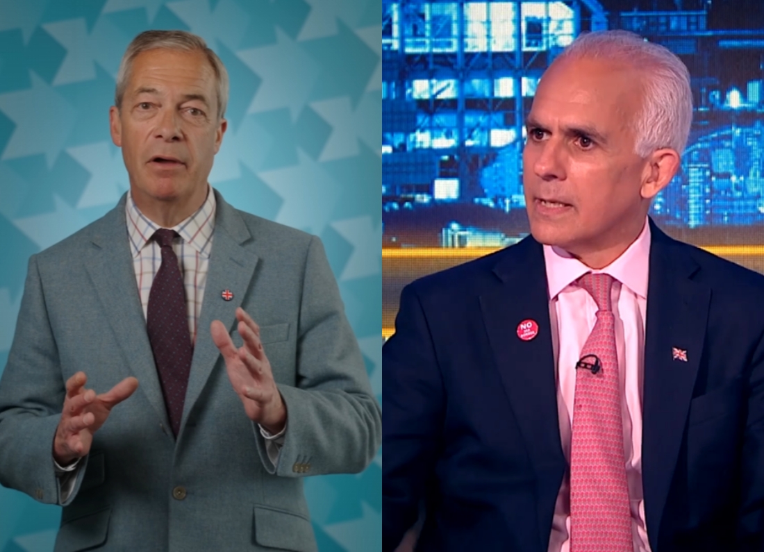 Split-screen image showing Reform UK figures Nigel Farage and Ben Habib during separate televised political appearances.