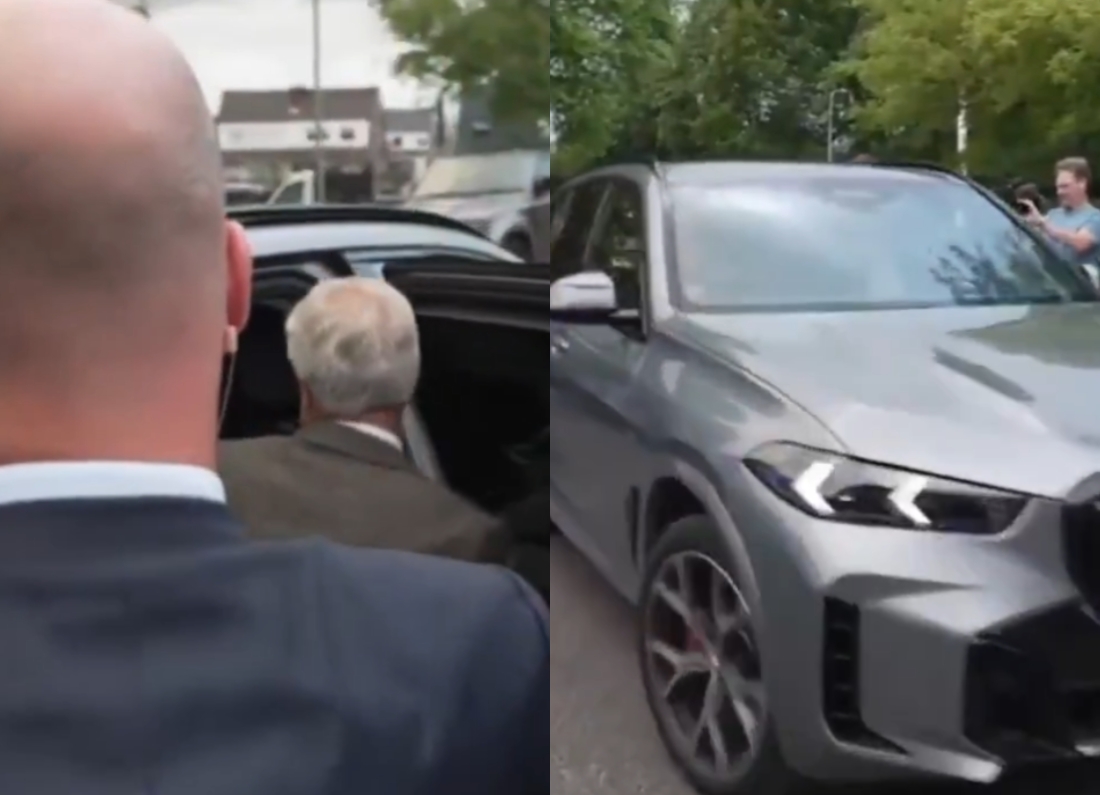 Split-screen image showing Nigel Farage getting into a car while reporters and camera crews surround him in the Makerfield constituency.