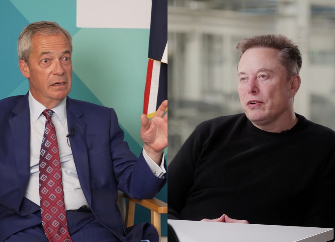Split-screen image showing Reform UK leader Nigel Farage during an interview and billionaire entrepreneur Elon Musk seated during a separate discussion.